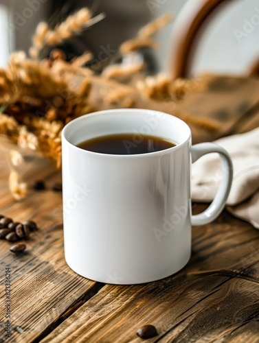 A cup of coffee on a wooden table with a napkin