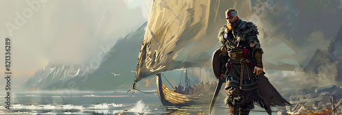 Male Viking Warrior Disembarking from a Long Ship