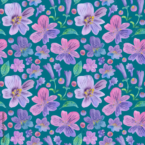 Seamless pattern of hand drawn watercolor flowers floral lilac plants, leaves. Herb flower. Drawing summer Botanical greenery illustration on blue green background. For fabric, wallpaper, wrapping