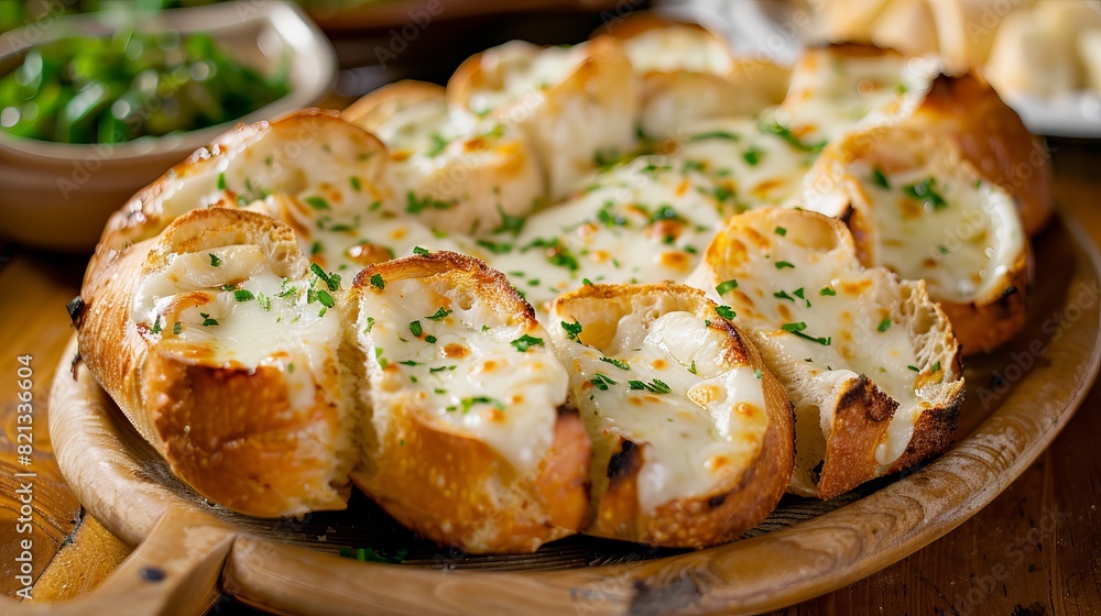 A platter of bread and melted mozzarella cheese. A platter of bread and melted mozzarella cheese.