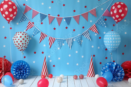 celebration with a stunning array of 4th of July decorations against a vibrant blue background photo