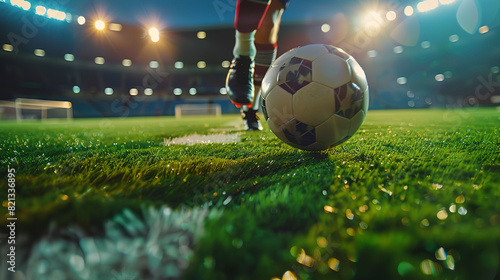 Soccer player kicking the ball on green grass, blurred stadium background photo