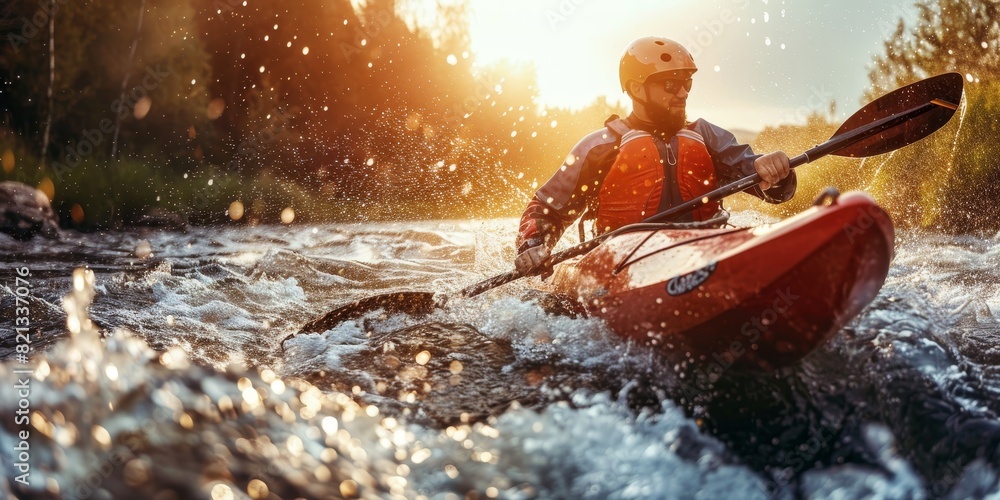 Obraz premium Man kayaking in the river.