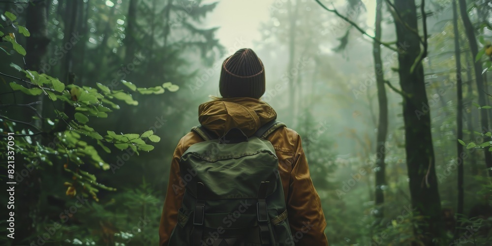 Man with backpack hiking in the misty forest Man with backpack hiking in the misty forest