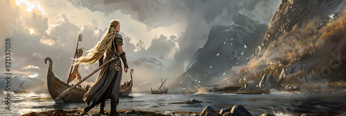 Female Viking Warrior Disembarking from a Long Ship
