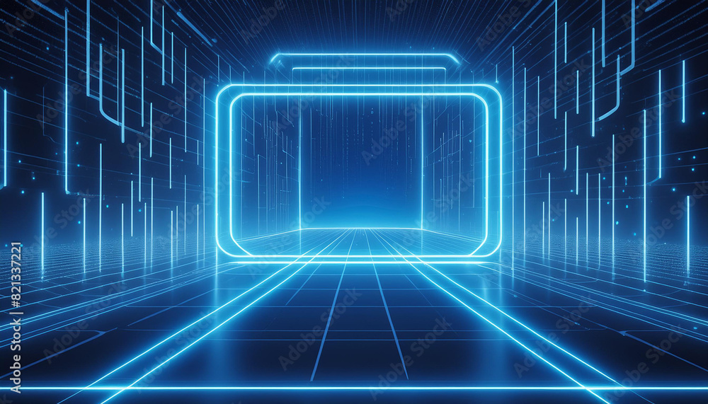 3d Render, Blue neon light square with digital technology light background, futuristic 3d Render, Blue neon light square with digital technology light background, futuristic