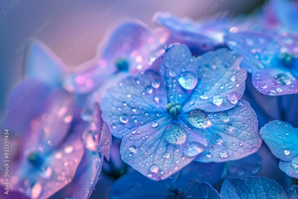 A closeup of blue hydrangeas with dew drops aesthetic wallpaper or banner design Generative AI