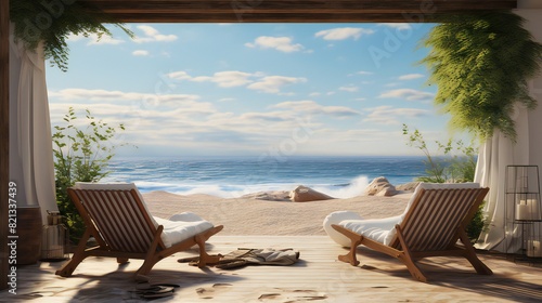 Beach life with a view of the sea  3D rendering