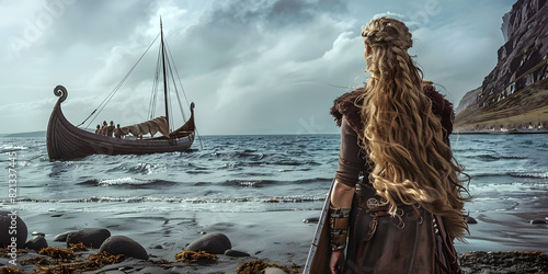 Female Viking Warrior Disembarking from a Long Ship photo