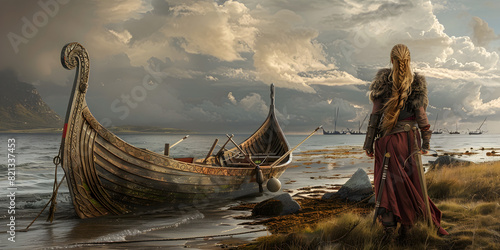 Female Viking Warrior Disembarking from a Long Ship