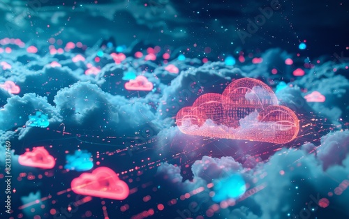 Futuristic cloud computing concept with neon colors and digital data visualization in a ing of a sky filled with virtual clouds.