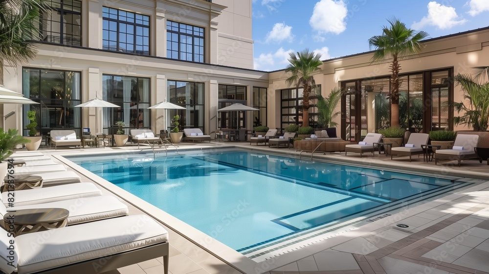 Fototapeta premium Swimming pool with crystal clear water in a luxury hotel with a modern façade. Luxury holiday, rich life