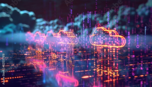 Futuristic depiction of cloud computing technology with glowing digital data and cloud icons  representing cybersecurity and IT infrastructure.