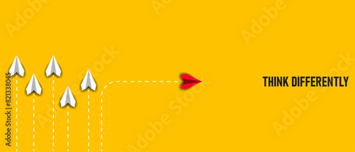 red paper plane that thinks differently than others.
business creativity new idea discovery innovation technology. new year idea concept.