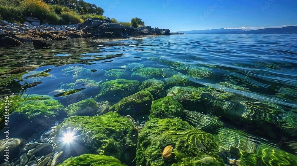   A body of water with green algae at its edge and a rocky shore in the background is optimized as Water with green algae and a rocky shore