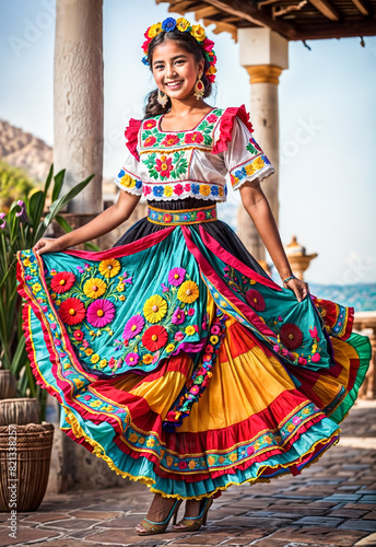 Radiant Traditions A Smiling Mexicana in Vibrant Folkloric Attire photo