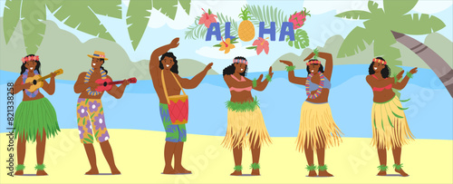 Group Of Hawaiian Dancers In Traditional Costumes And Joyful Expressions. Ukulele Players And Hula Performers
