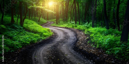 Sunlight filtering through leaves on a dirt road winding through a lush green forest. Concept Nature  Sunlight  Forest  Hiking  Landscape