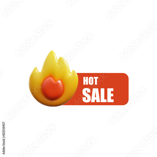 3D sale sticker with fire motif for hot discounts on isolated background.