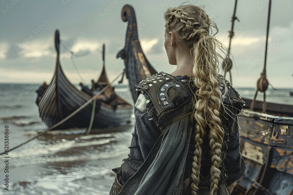 Fototapeta premium Female Viking Warrior Disembarking from a Long Ship