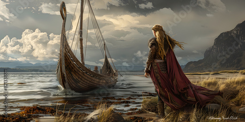 Female Viking Warrior Disembarking from a Long Ship photo