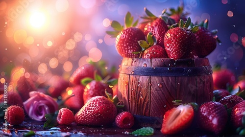   A wooden bucket overflowing with succulent strawberries sits beside a mound of additional ripe fruit on a table photo