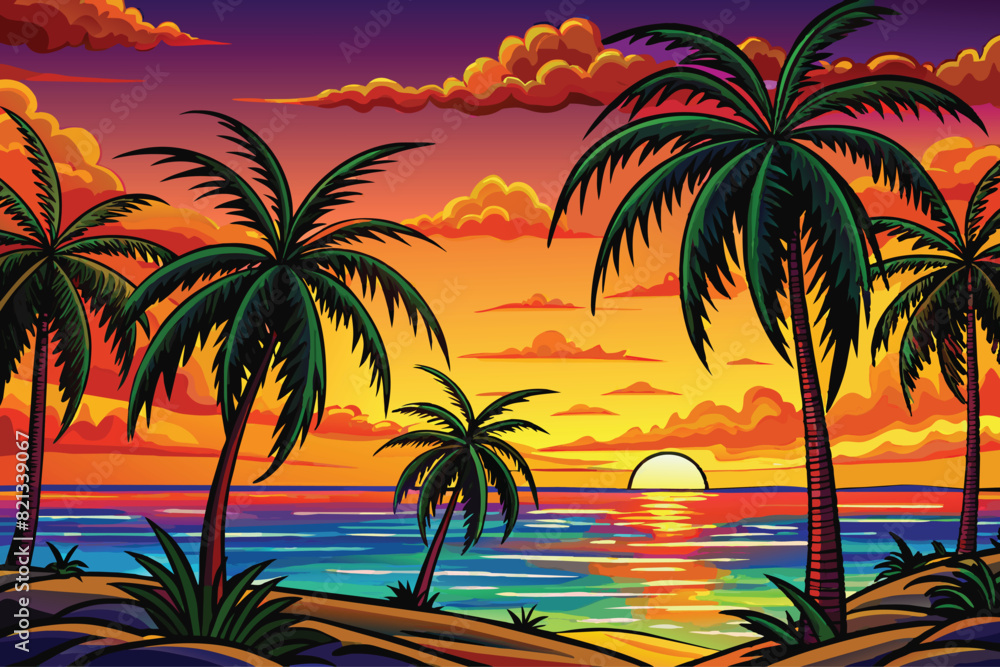 Obraz premium Dark palm trees silhouettes on colorful tropical ocean sunset background ai generated 