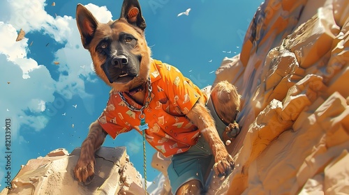 Playful Belgian Malinois in Polo Shirt and Shorts Conquers Rock Climbing Adventure in Whimsical photo