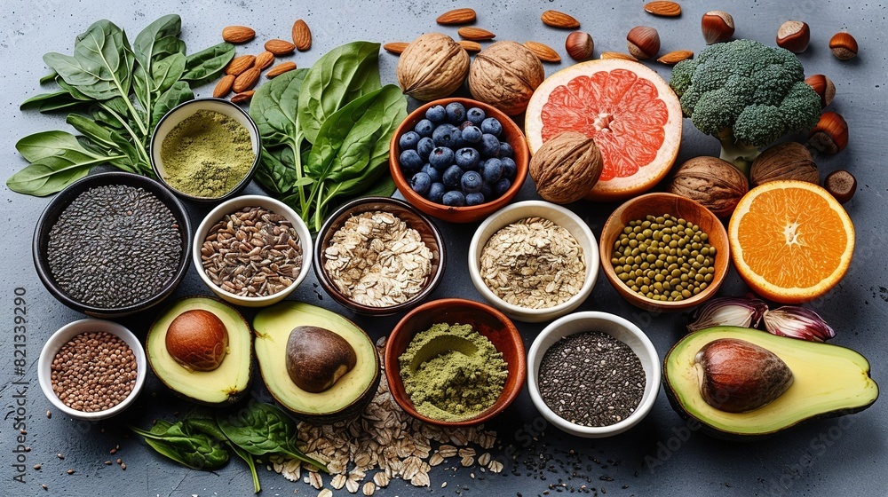Fruits, veggies, and grains arranged in small bowls on a gray surface with leaves, nuts, avocado, spinach, oranges, spinach, Fruits, veggies, and grains arranged in small bowls on a gray surface with leaves, nuts, avocado, spinach, oranges, spinach,