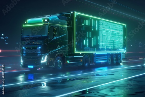 Futuristic illuminated truck with neon lights on a wet street at night, showcasing technology and innovation in transportation.