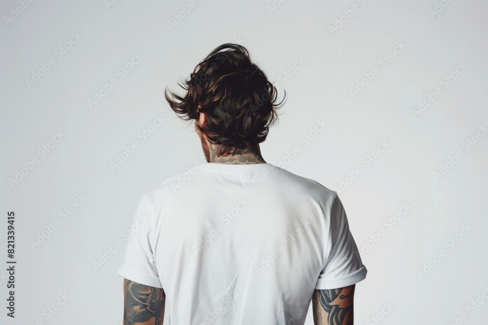 An adult brunette man of athletic build with tattoos in a white T-shirt on a neutral background. Back view An adult brunette man of athletic build with tattoos in a white T-shirt on a neutral background. Back view