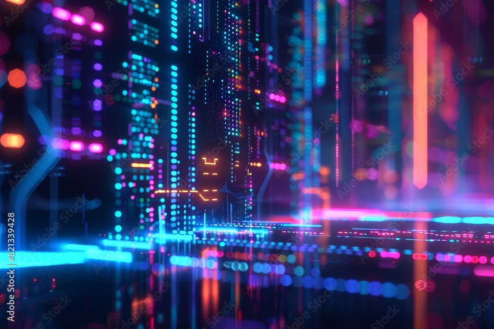 Futuristic neon cityscape with abstract lights reflecting modern technology and innovation in vibrant colors. Futuristic neon cityscape with abstract lights reflecting modern technology and innovation in vibrant colors.