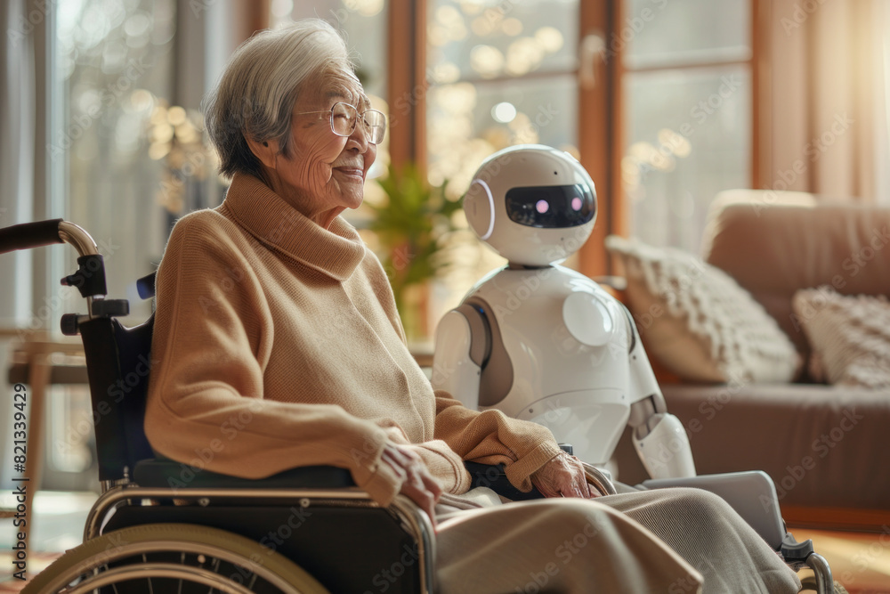 Elderly woman sitting in a wheelchair and robot caregiver at home,generative ai