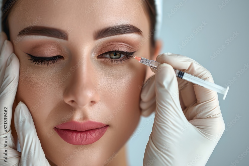 A beautiful woman receives a botox injection between the eyebrows A beautiful woman receives a botox injection between the eyebrows