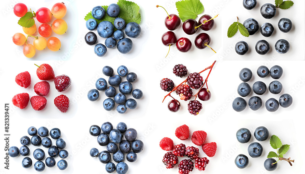 Fresh blueberries and other berries isolated on white, set