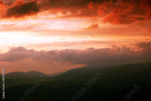 summer foggy scenery, scenic sunset view in the mountains, Carpathian mountains, Ukraine, Europe  © Rushvol