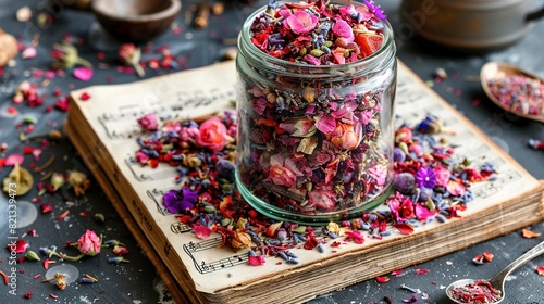   A jar brimming with dehydrated blooms atop a tome, adjacent to an array of ladles and a spoon stand photo