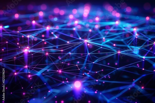 Futuristic neon network of interconnected points and lines in a digital cyberspace. Vibrant, abstract visualization of data communication.