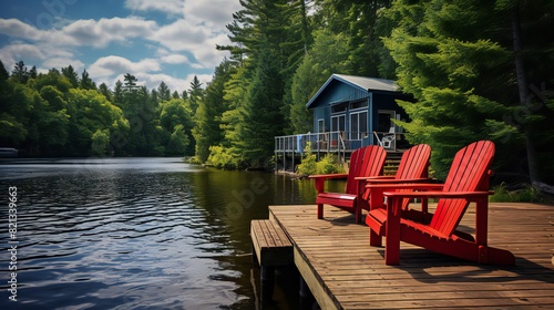 In Muskoka, Ontario, Canada, there are two Adirondack chairs on a wooden dock by a lake. Attached to the pier is a red canoe. You can see cottages across the pond, tucked amongst lush green trees photo