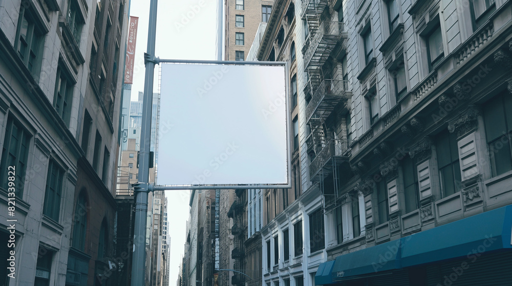 A blank empty canvas poster screen board hanging on a building at a the city center. A blank empty canvas poster screen board hanging on a building at a the city center.