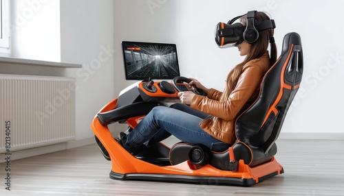 Woman uses VR in racing simulator setup at home © gearstd