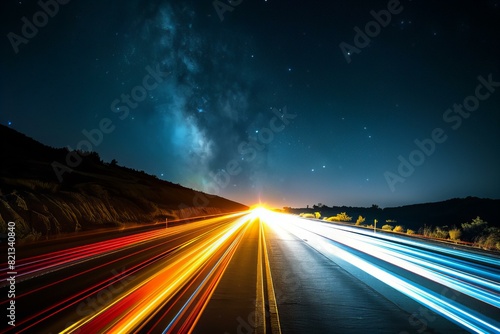 Milky Way and Light Trails on Highway at Night