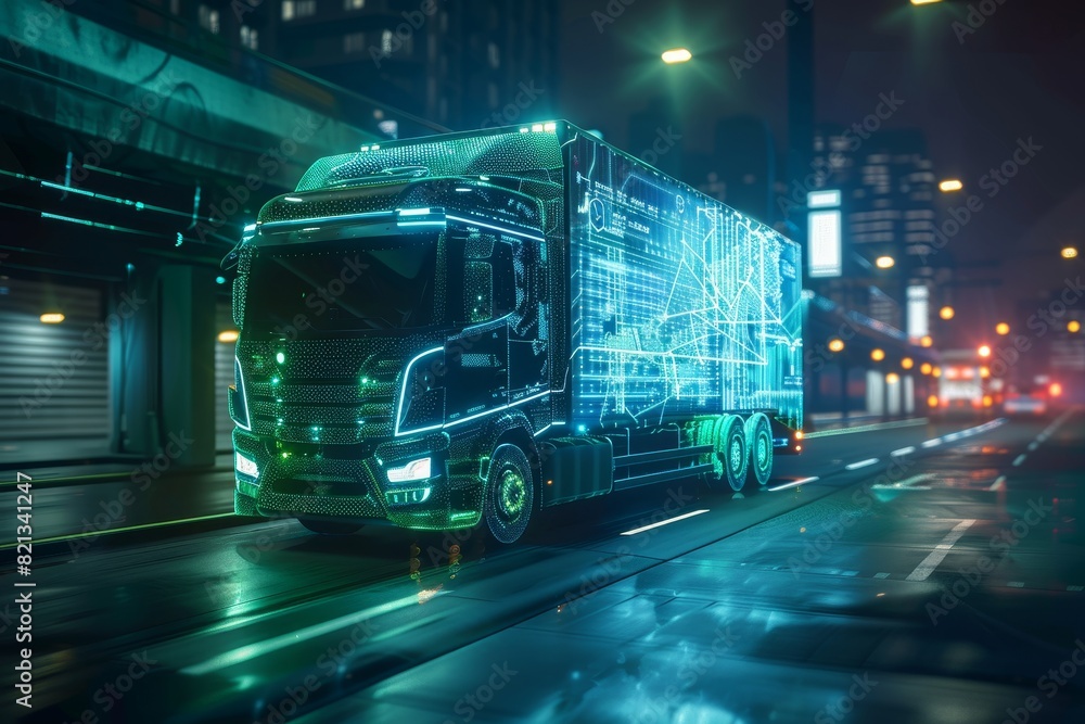Futuristic truck with neon lights driving through a city at night, showcasing advanced technology and modern urban environment. Futuristic truck with neon lights driving through a city at night, showcasing advanced technology and modern urban environment.