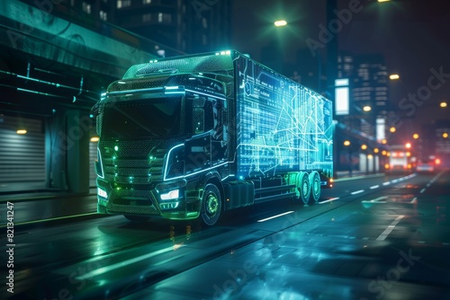 Futuristic truck with neon lights driving through a city at night, showcasing advanced technology and modern urban environment.