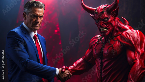 A businessman seals a deal with the devil with a handshake