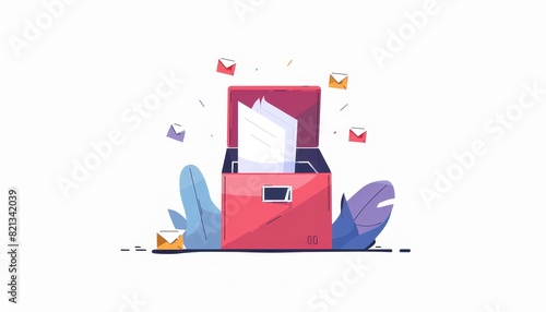 Illustration of a red mailbox with letters and envelopes scattered, symbolizing communication and correspondence.