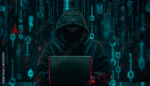 Anonymous hacker working with laptop on black background. Different digital codes around him photo