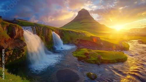 Gorgeous landscape with rising sun on Kirkjufellsfoss waterfall and Kirkjufell mountain, Iceland, Europe. photo
