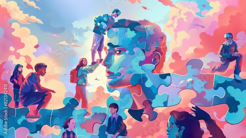 Colorful puzzle pieces form a human face with diverse people in the sky  representing community  collaboration  and hope