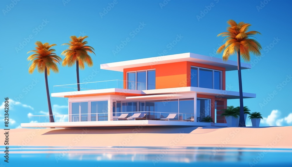Fototapeta premium Modern beach house with palm trees and clear blue skies in the background, featuring floor-to-ceiling windows and a spacious deck area.